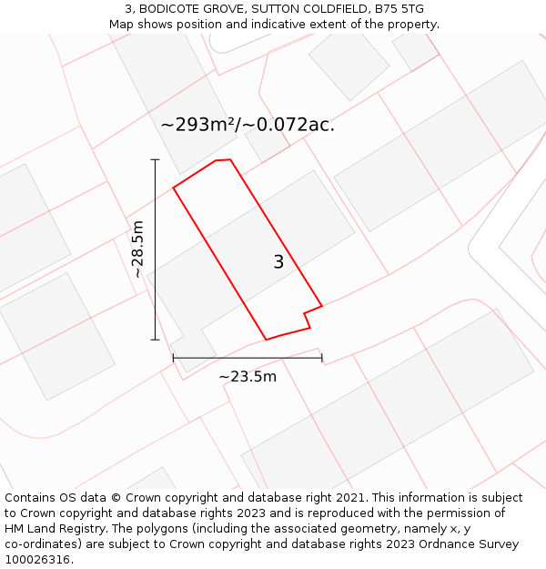 3, BODICOTE GROVE, SUTTON COLDFIELD, B75 5TG: Plot and title map