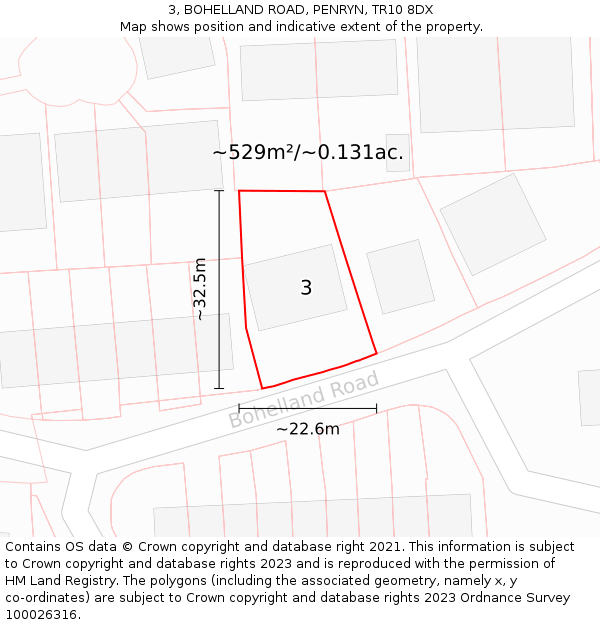 3, BOHELLAND ROAD, PENRYN, TR10 8DX: Plot and title map