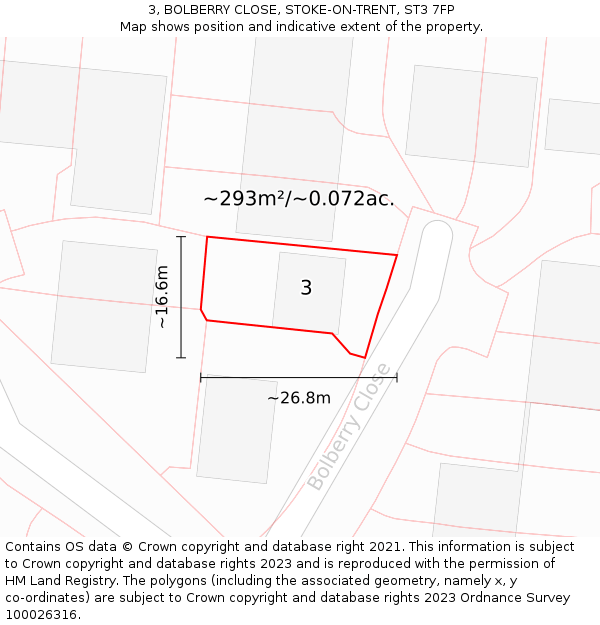 3, BOLBERRY CLOSE, STOKE-ON-TRENT, ST3 7FP: Plot and title map