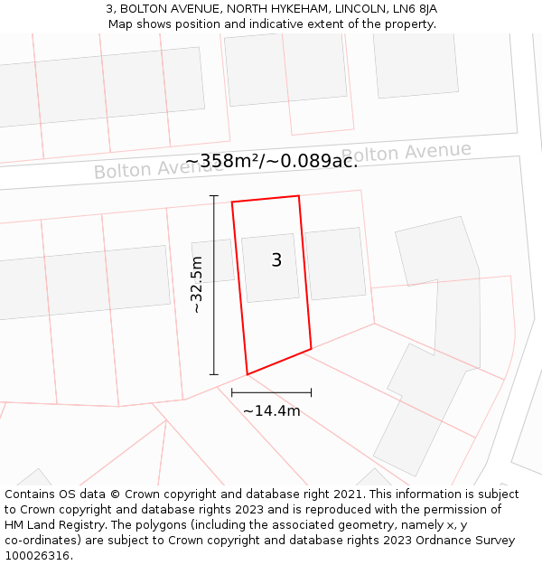 3, BOLTON AVENUE, NORTH HYKEHAM, LINCOLN, LN6 8JA: Plot and title map