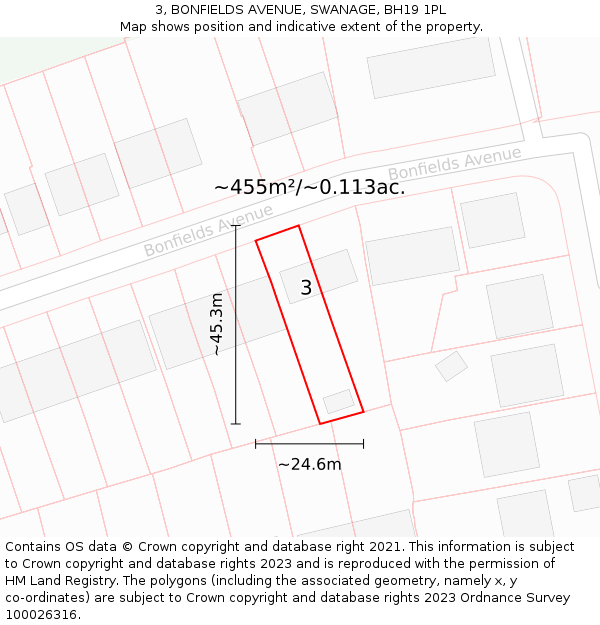 3, BONFIELDS AVENUE, SWANAGE, BH19 1PL: Plot and title map