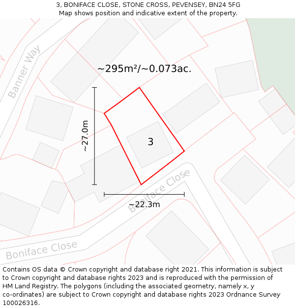 3, BONIFACE CLOSE, STONE CROSS, PEVENSEY, BN24 5FG: Plot and title map