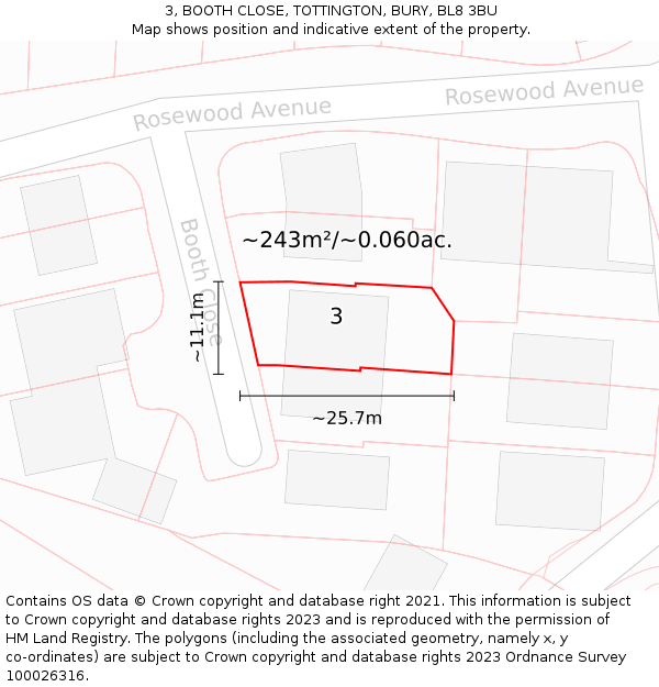 3, BOOTH CLOSE, TOTTINGTON, BURY, BL8 3BU: Plot and title map