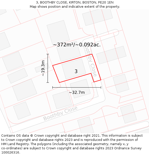 3, BOOTHBY CLOSE, KIRTON, BOSTON, PE20 1EN: Plot and title map