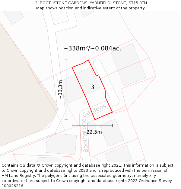 3, BOOTHSTONE GARDENS, YARNFIELD, STONE, ST15 0TN: Plot and title map