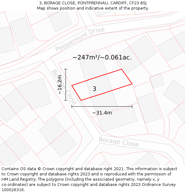 3, BORAGE CLOSE, PONTPRENNAU, CARDIFF, CF23 8SJ: Plot and title map