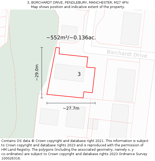 3, BORCHARDT DRIVE, PENDLEBURY, MANCHESTER, M27 4FN: Plot and title map