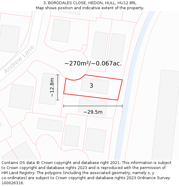 3, BORODALES CLOSE, HEDON, HULL, HU12 8RL: Plot and title map