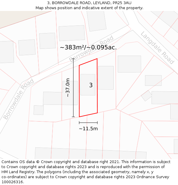 3, BORROWDALE ROAD, LEYLAND, PR25 3AU: Plot and title map