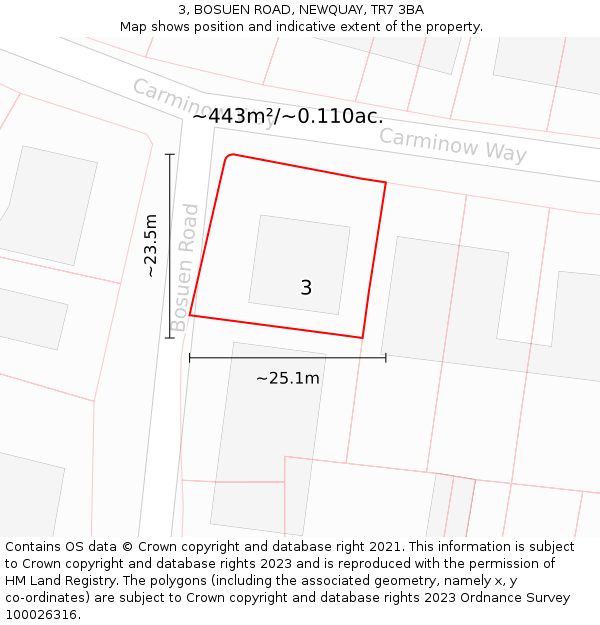 3, BOSUEN ROAD, NEWQUAY, TR7 3BA: Plot and title map