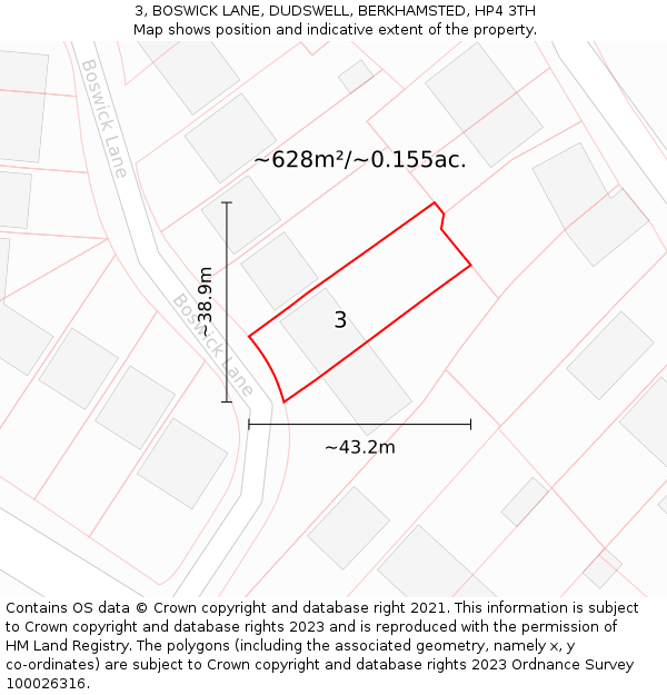 3, BOSWICK LANE, DUDSWELL, BERKHAMSTED, HP4 3TH: Plot and title map