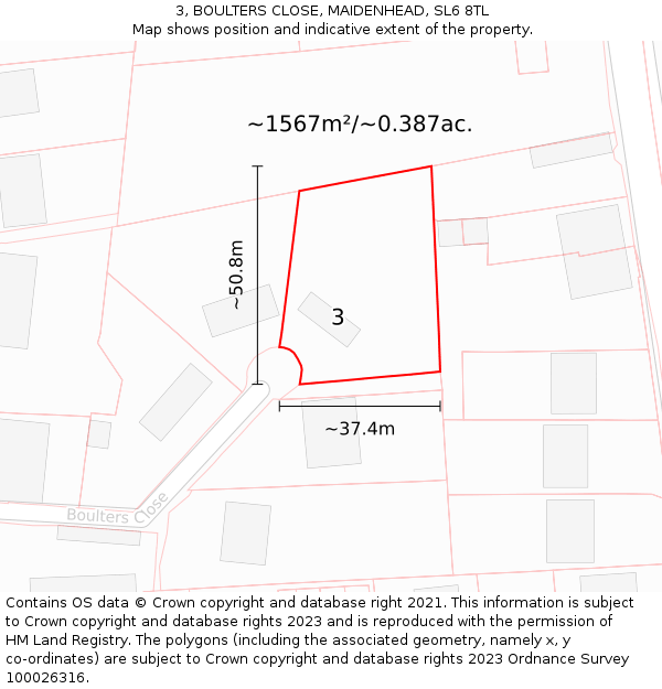 3, BOULTERS CLOSE, MAIDENHEAD, SL6 8TL: Plot and title map