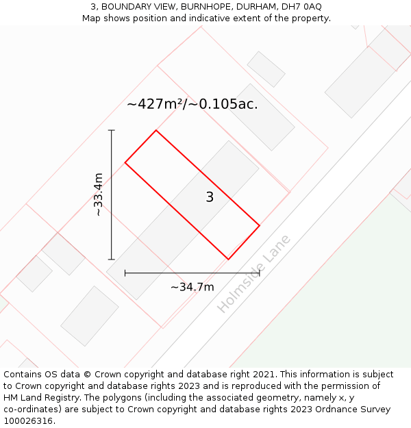 3, BOUNDARY VIEW, BURNHOPE, DURHAM, DH7 0AQ: Plot and title map