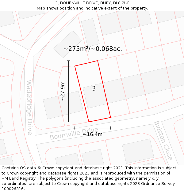 3, BOURNVILLE DRIVE, BURY, BL8 2UF: Plot and title map