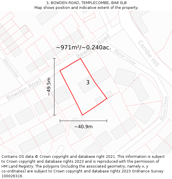 3, BOWDEN ROAD, TEMPLECOMBE, BA8 0LB: Plot and title map