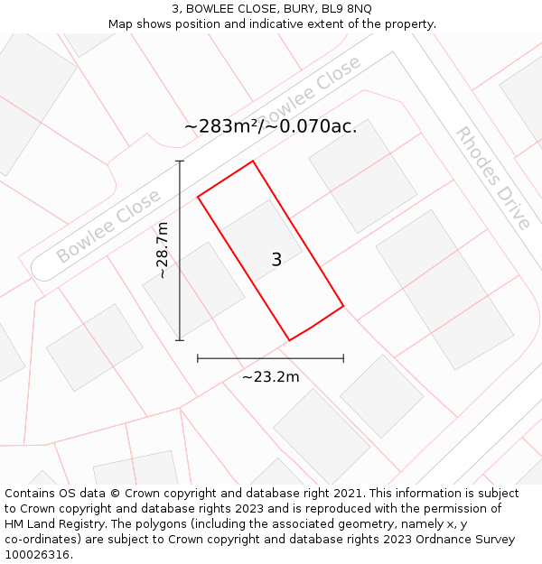 3, BOWLEE CLOSE, BURY, BL9 8NQ: Plot and title map