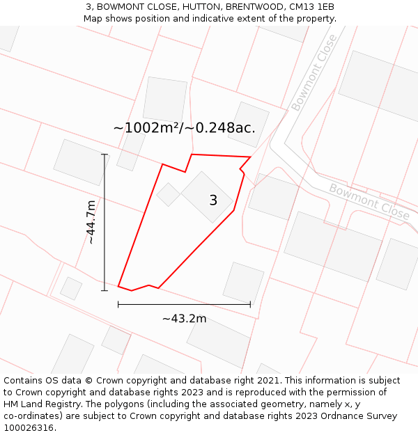 3, BOWMONT CLOSE, HUTTON, BRENTWOOD, CM13 1EB: Plot and title map
