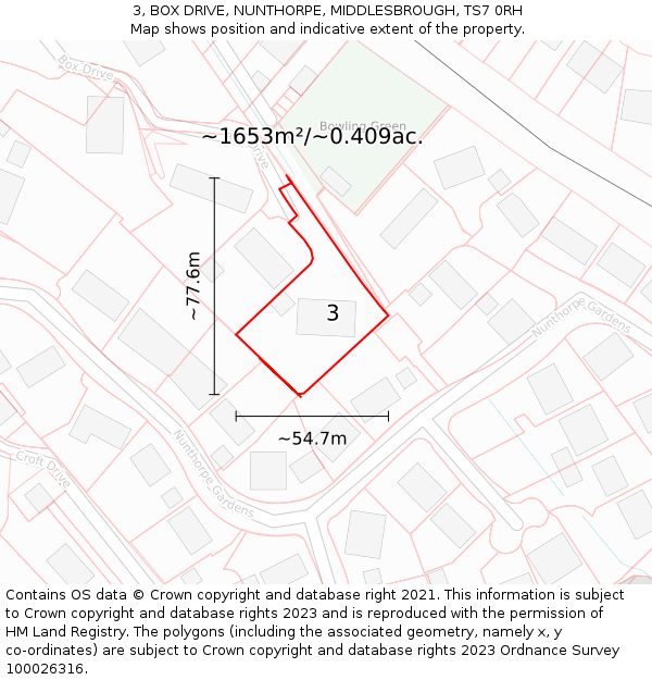 3, BOX DRIVE, NUNTHORPE, MIDDLESBROUGH, TS7 0RH: Plot and title map