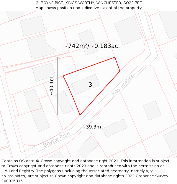 3, BOYNE RISE, KINGS WORTHY, WINCHESTER, SO23 7RE: Plot and title map