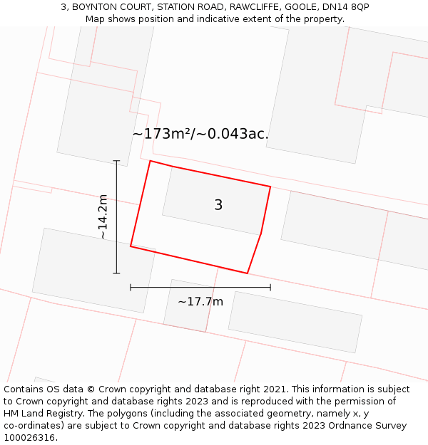 3, BOYNTON COURT, STATION ROAD, RAWCLIFFE, GOOLE, DN14 8QP: Plot and title map