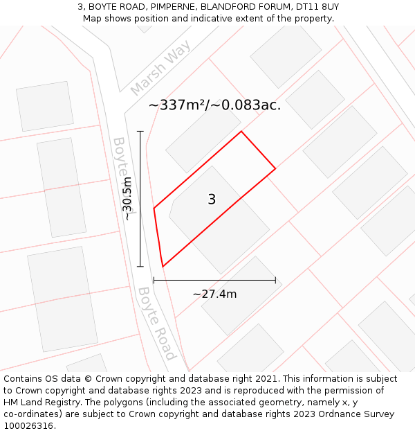 3, BOYTE ROAD, PIMPERNE, BLANDFORD FORUM, DT11 8UY: Plot and title map