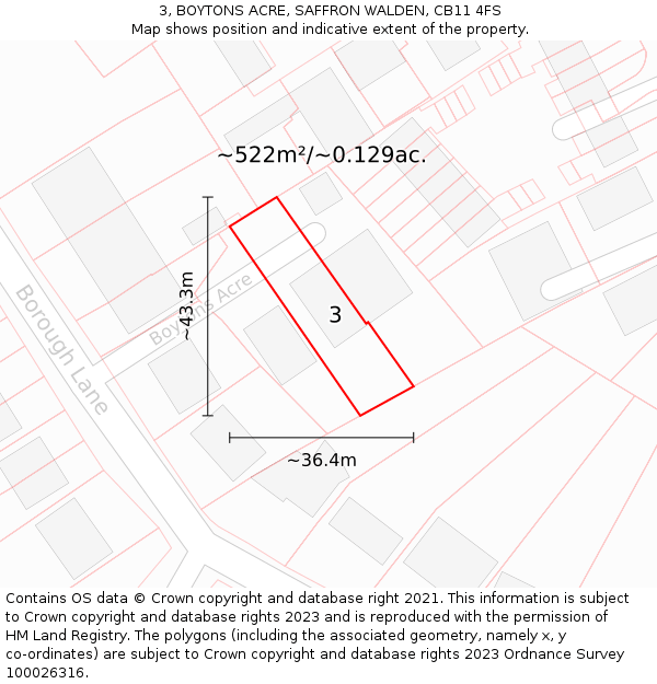 3, BOYTONS ACRE, SAFFRON WALDEN, CB11 4FS: Plot and title map