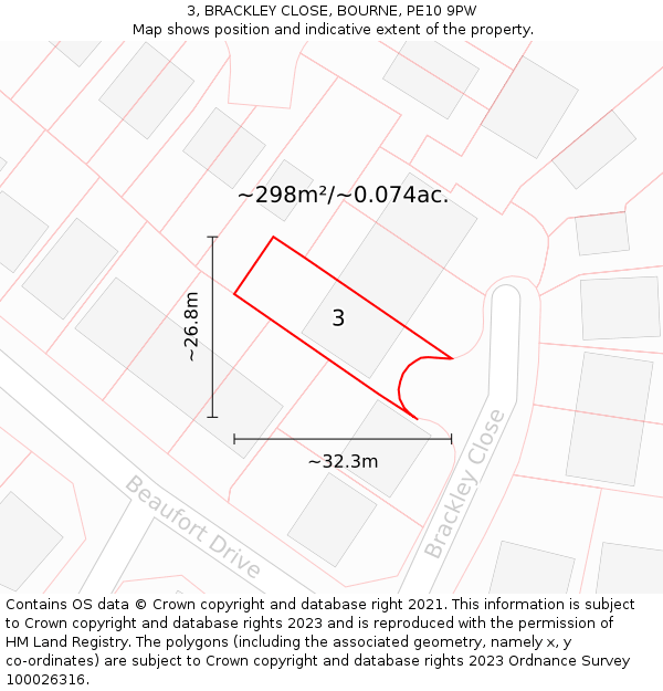 3, BRACKLEY CLOSE, BOURNE, PE10 9PW: Plot and title map