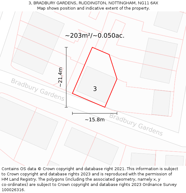 3, BRADBURY GARDENS, RUDDINGTON, NOTTINGHAM, NG11 6AX: Plot and title map