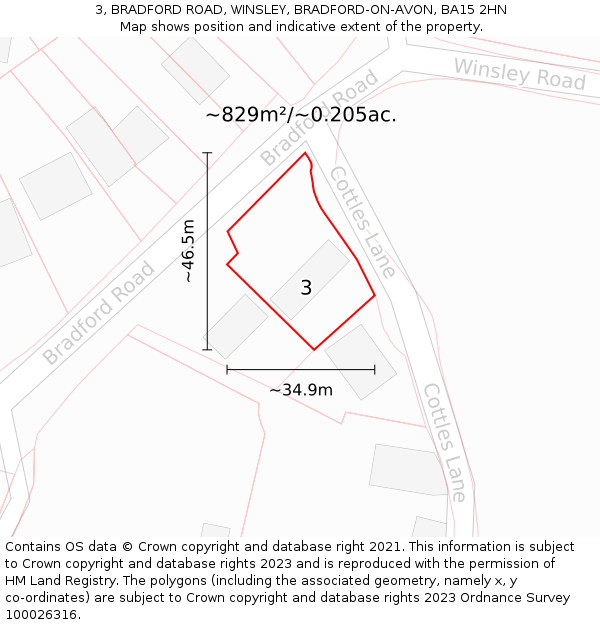 3, BRADFORD ROAD, WINSLEY, BRADFORD-ON-AVON, BA15 2HN: Plot and title map