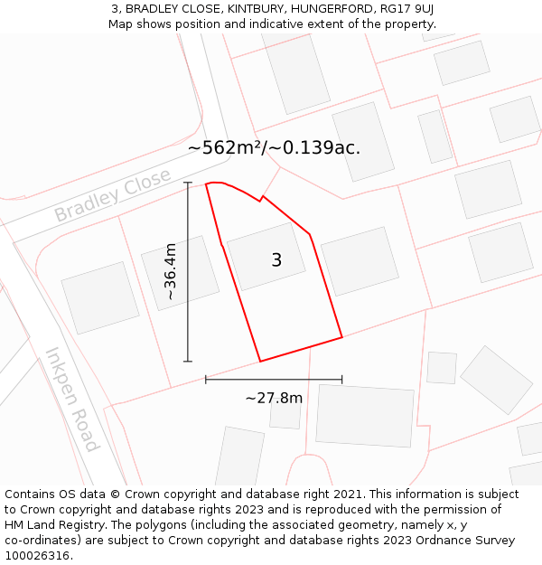 3, BRADLEY CLOSE, KINTBURY, HUNGERFORD, RG17 9UJ: Plot and title map