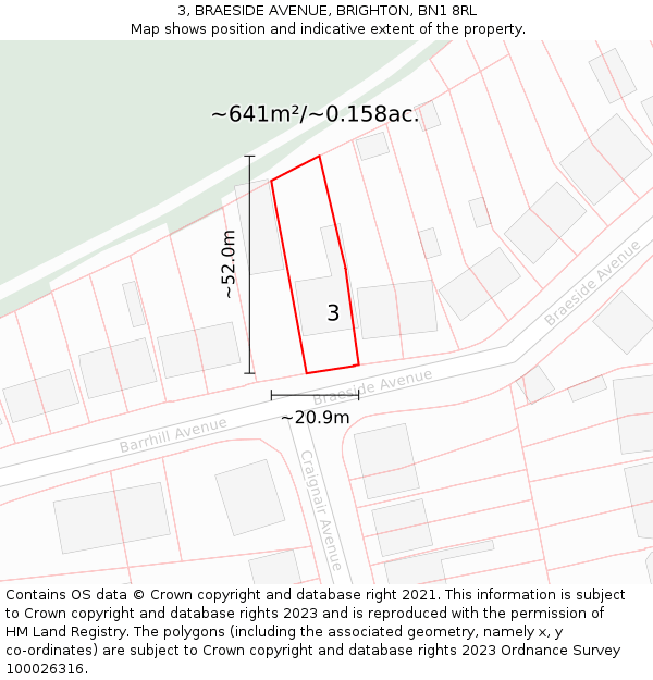 3, BRAESIDE AVENUE, BRIGHTON, BN1 8RL: Plot and title map
