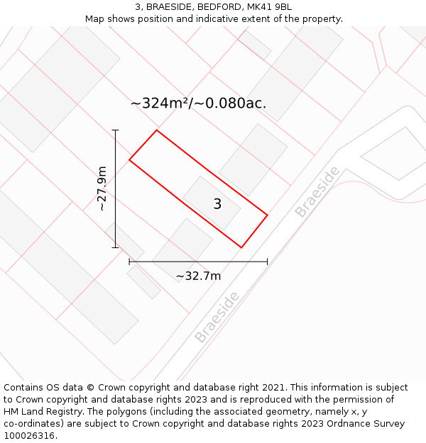 3, BRAESIDE, BEDFORD, MK41 9BL: Plot and title map