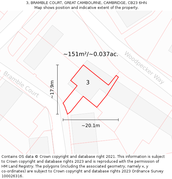 3, BRAMBLE COURT, GREAT CAMBOURNE, CAMBRIDGE, CB23 6HN: Plot and title map