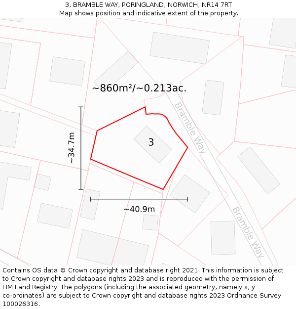 3, BRAMBLE WAY, PORINGLAND, NORWICH, NR14 7RT: Plot and title map