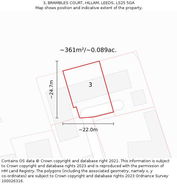 3, BRAMBLES COURT, HILLAM, LEEDS, LS25 5GA: Plot and title map