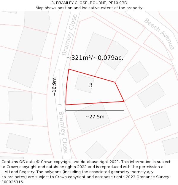 3, BRAMLEY CLOSE, BOURNE, PE10 9BD: Plot and title map