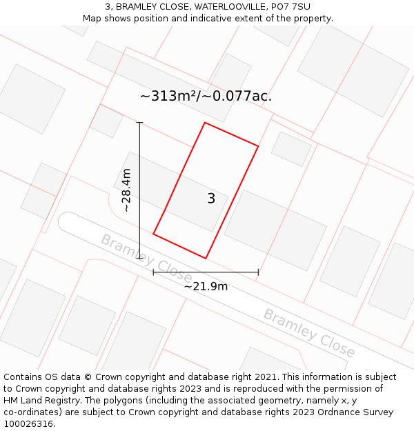 3, BRAMLEY CLOSE, WATERLOOVILLE, PO7 7SU: Plot and title map