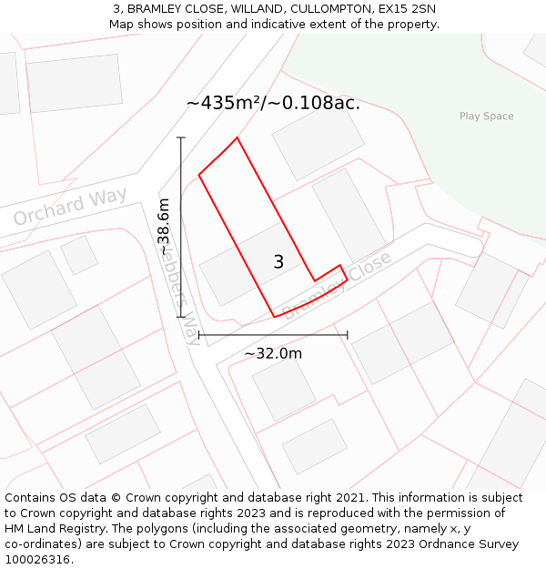 3, BRAMLEY CLOSE, WILLAND, CULLOMPTON, EX15 2SN: Plot and title map