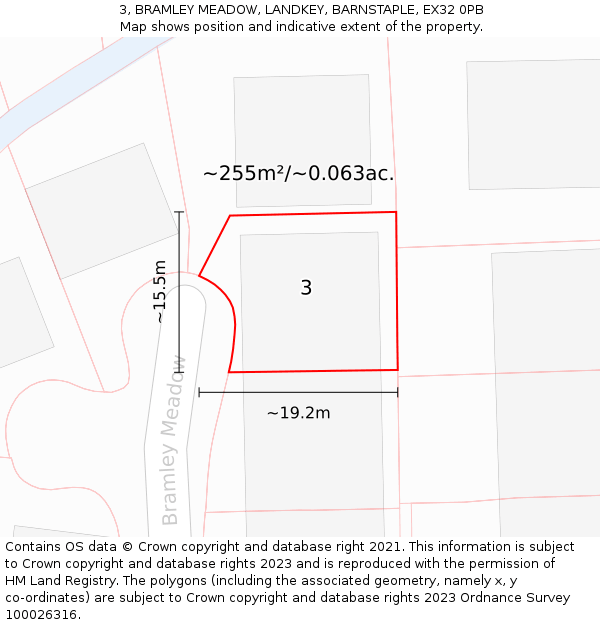 3, BRAMLEY MEADOW, LANDKEY, BARNSTAPLE, EX32 0PB: Plot and title map