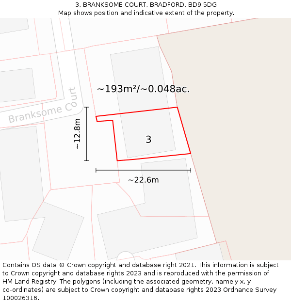 3, BRANKSOME COURT, BRADFORD, BD9 5DG: Plot and title map