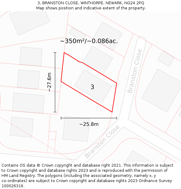 3, BRANSTON CLOSE, WINTHORPE, NEWARK, NG24 2PQ: Plot and title map