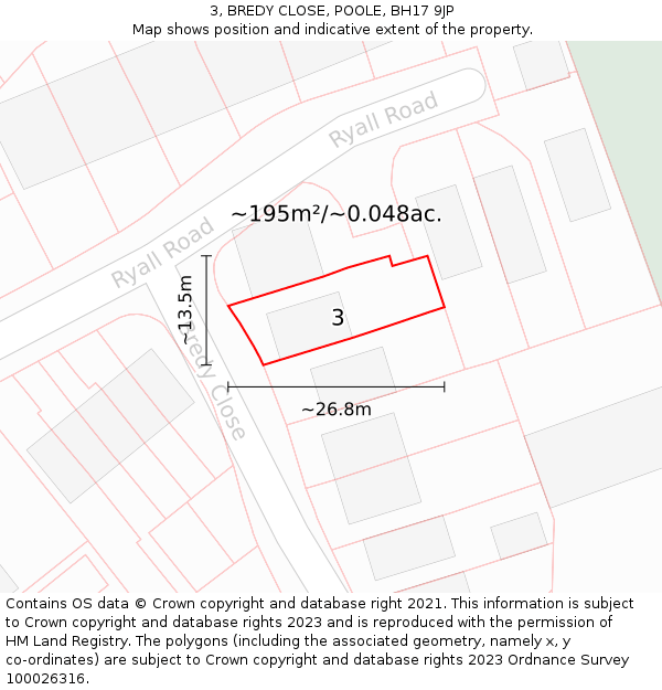 3, BREDY CLOSE, POOLE, BH17 9JP: Plot and title map