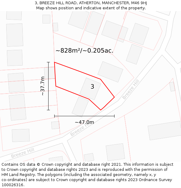 3, BREEZE HILL ROAD, ATHERTON, MANCHESTER, M46 9HJ: Plot and title map