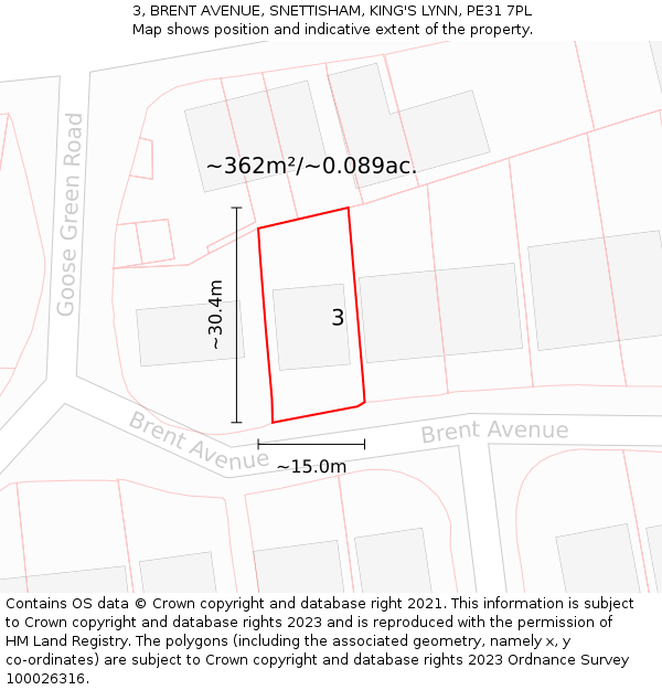 3, BRENT AVENUE, SNETTISHAM, KING'S LYNN, PE31 7PL: Plot and title map