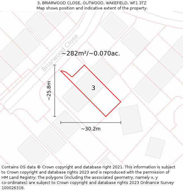 3, BRIARWOOD CLOSE, OUTWOOD, WAKEFIELD, WF1 3TZ: Plot and title map