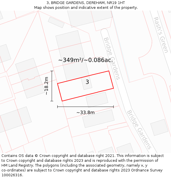 3, BRIDGE GARDENS, DEREHAM, NR19 1HT: Plot and title map