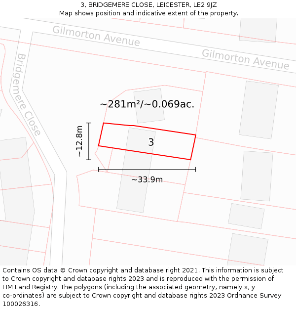 3, BRIDGEMERE CLOSE, LEICESTER, LE2 9JZ: Plot and title map