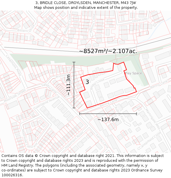 3, BRIDLE CLOSE, DROYLSDEN, MANCHESTER, M43 7JW: Plot and title map