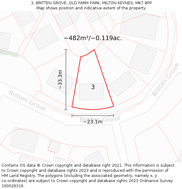 3, BRITTEN GROVE, OLD FARM PARK, MILTON KEYNES, MK7 8PP: Plot and title map