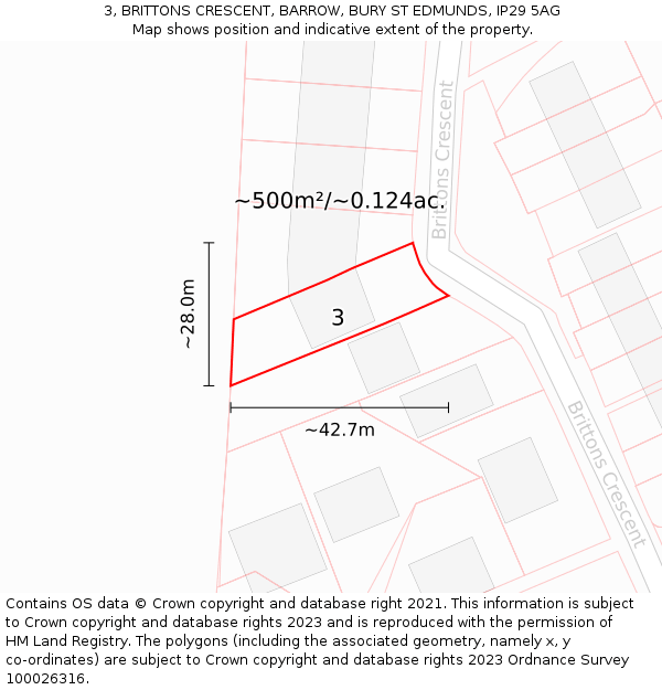 3, BRITTONS CRESCENT, BARROW, BURY ST EDMUNDS, IP29 5AG: Plot and title map